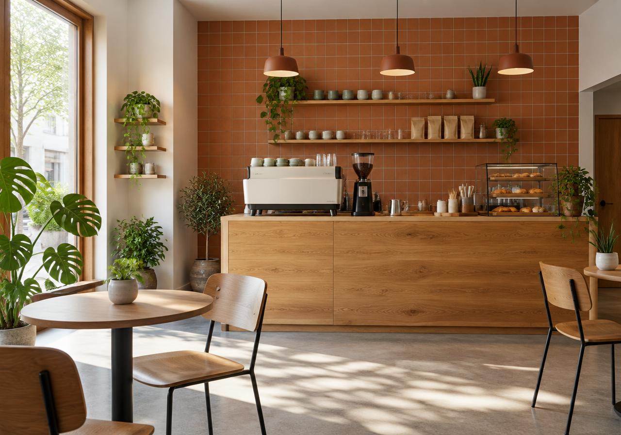 Interior de BRUMA con barra de madera y pared terracota
